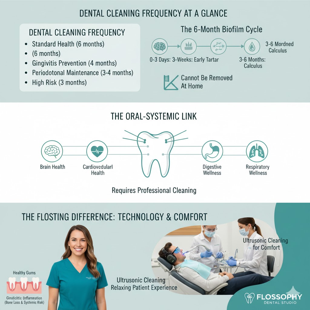 Infographic explaining dental cleaning frequency based on gum health and the oral-systemic link at Flossophy Dental Studio.