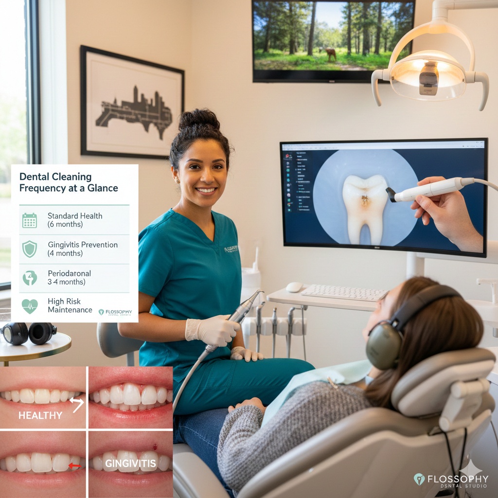 Dental cleaning frequency chart at Flossophy Dental Studio in Fort Worth showing healthy gums vs gingivitis and modern ultrasonic cleaning technology.