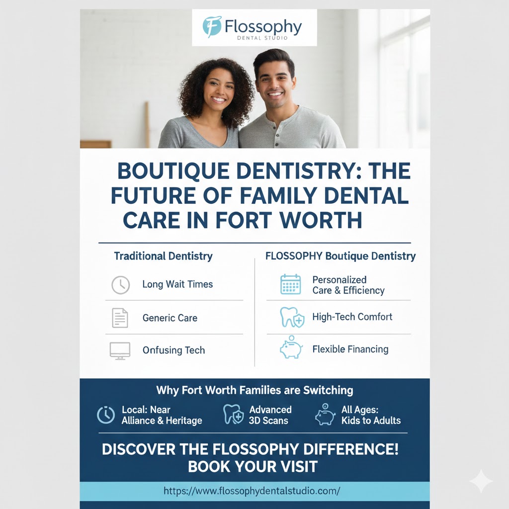 An infographic comparing traditional assembly-line dentistry to the boutique model at Flossophy Dental Studio, highlighting iTero 3D scans, personalized care, and flexible financing in Fort Worth