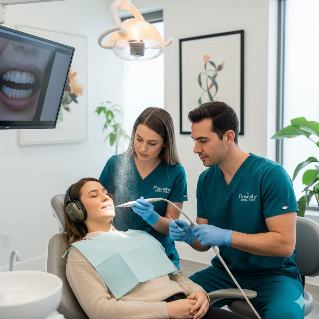 Patient receiving a gentle ultrasonic teeth cleaning from Dr. Matthew Le at Flossophy Dental Studio, featuring noise-canceling headphones for comfort in a modern dental office. Why this works for your SEO strategy: Identifies the Service: It uses the high-intent keyword "teeth cleaning". Brand & Doctor Name: Including "Flossophy Dental Studio" and "Dr. Matthew Le" builds local authority and brand recognition. Highlights Technology: Mentioning "ultrasonic teeth cleaning" reinforces your message about modern, painless technology. Patient receiving a gentle ultrasonic teeth cleaning from our dentist at Flossophy Dental Studio in Fort Worth, featuring noise-canceling headphones for comfort in a modern dental office