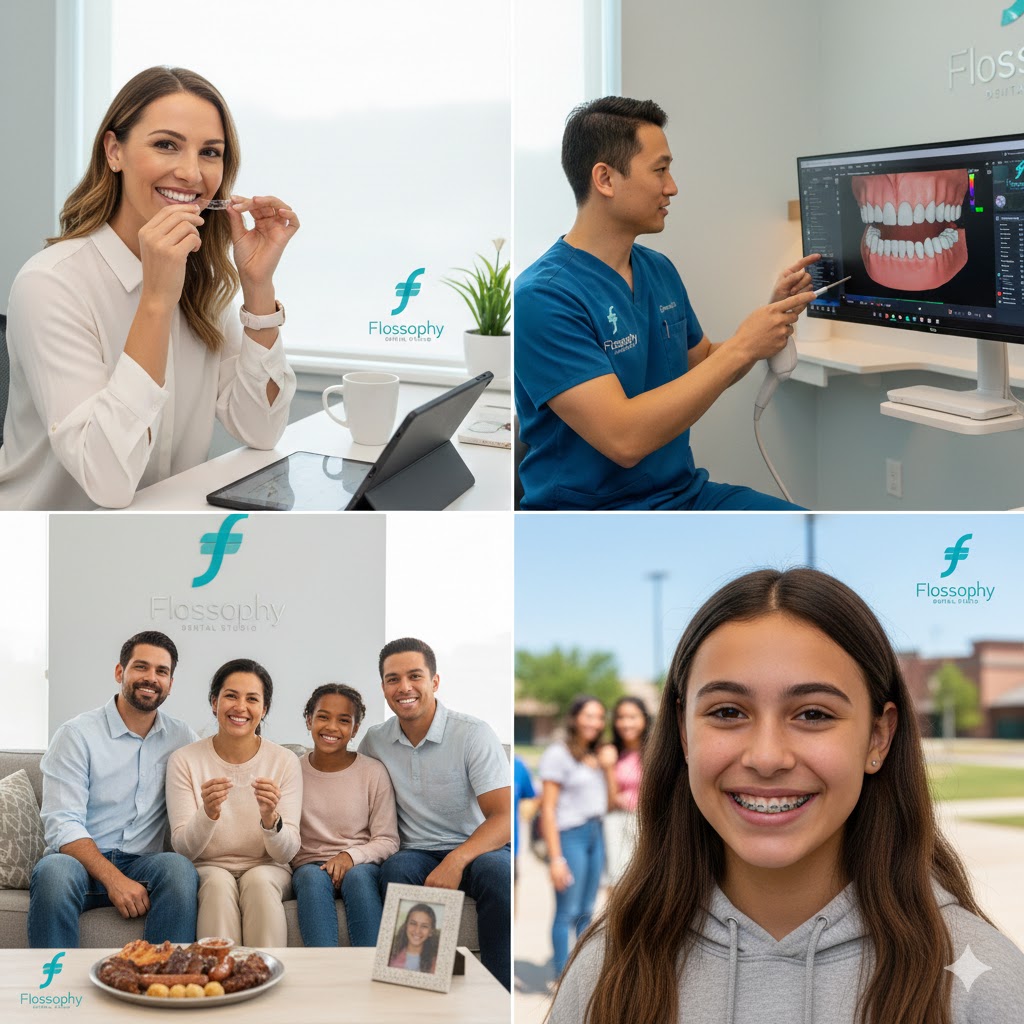 Patients enjoying local Fort Worth BBQ with removable clear aligners and a happy teen showcasing traditional braces results at Flossophy Dental Studio.