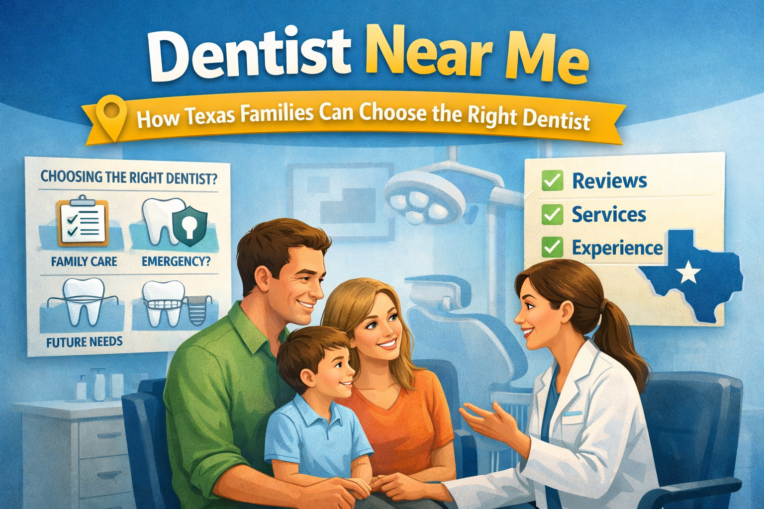 Family sitting in a dental office learning how to choose the right dentist near them