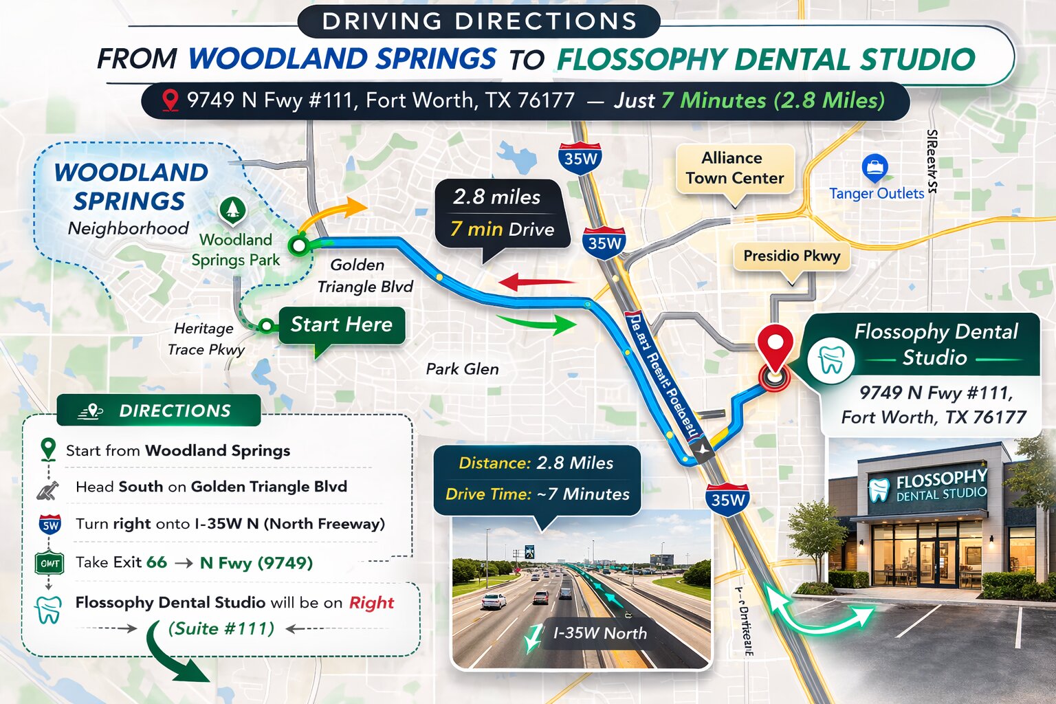 Driving From Woodland Springs to Flossophy Dental Studio Driving directions from Woodland Springs to Flossophy Dental Studio in Fort Worth